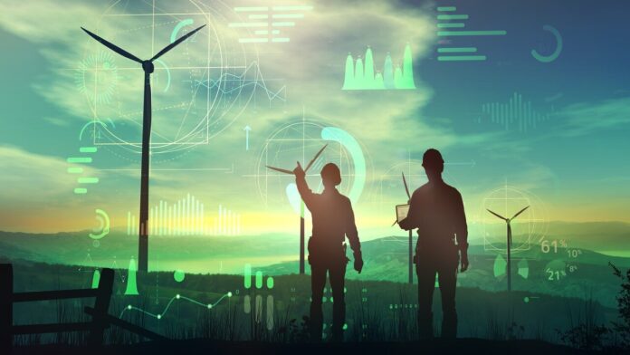 Engineers are watching over the work of wind turbines and virtual data.