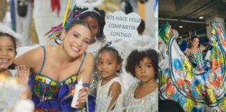Con crayones, niños de CDI crearon el vestuario que luce la reina del Carnaval 2026, Michelle Char, para celebrar a los más pequeños
